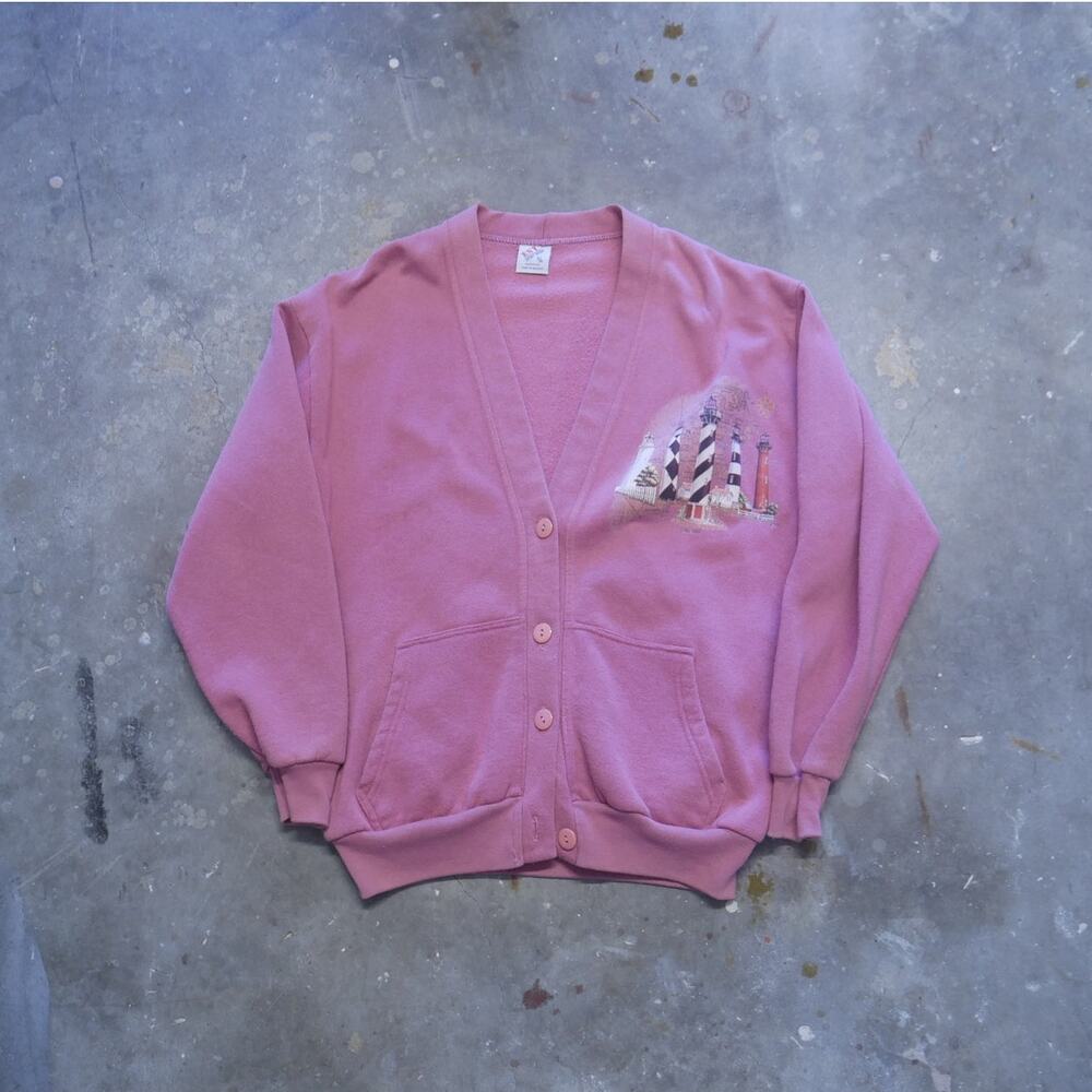 Vintage 90s Esy Made In USA Granny Cardigan Lighthouse‎ Graphic Womens Size S/M